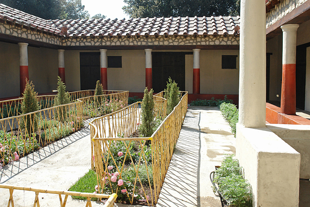 Fig. 2. Modern reconstruction of the first-century C.E. Roman peristyle garden from the House of the Painters at Work in Pompeii (F. Principe and S. Bernacchini; courtesy Istituto e Museo di Storia della Scienza, Florence, 65704).