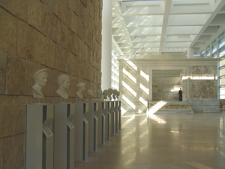 Fig. 3. Installation view of main floor: foreground, modern plaster casts of Julio-Claudian Roman portraits; middleground, the Ara Pacis Augustae, 13–9 B.C.E. (courtesy Sovraintendenza ai Beni Culturali del Comune di Roma).