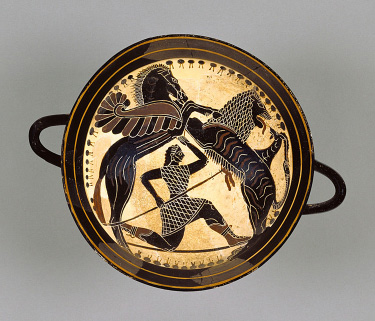 Fig. 4. Laconian black-figure cup with Pegasus, Bellerophon, and the Chimaera, diam. (without handles) 18.5 cm, ca. 565 B.C.E. Attributed to the Boreads Painter. Malibu, Villa Collection of the J. Paul Getty Museum, inv. no. 85.AE.121.1.