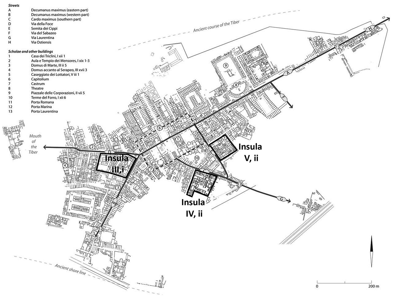 <strong>Figure 1:</strong> Insulae examined in this study (Locicero 2020, fig. 0.1, after H. Stöger, <em>Rethinking Ostia: A Spatial Enquiry into the Urban Society of Rome’s Imperial Port-town</em>, Leiden University Press 2011, v). <strong>Figure 1:</strong> Insulae examined in this study (Locicero 2020, fig. 0.1, after H. Stöger, <em>Rethinking Ostia: A Spatial Enquiry into the Urban Society of Rome’s Imperial Port-town</em>, Leiden University Press 2011, v).