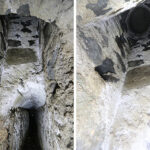 Fig. 16. Pozzo 2, two views from the zigzag channel toward the offtake. Toeholds are sunk into the shaft wall on the left and right sides (R.B. Gorham).