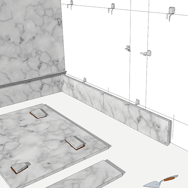 Hypothesis for the installation of wall revetment, variant A, step 4: the slabs are clamped in position before the mortar is poured behind them (drawings by S. Coutelas).